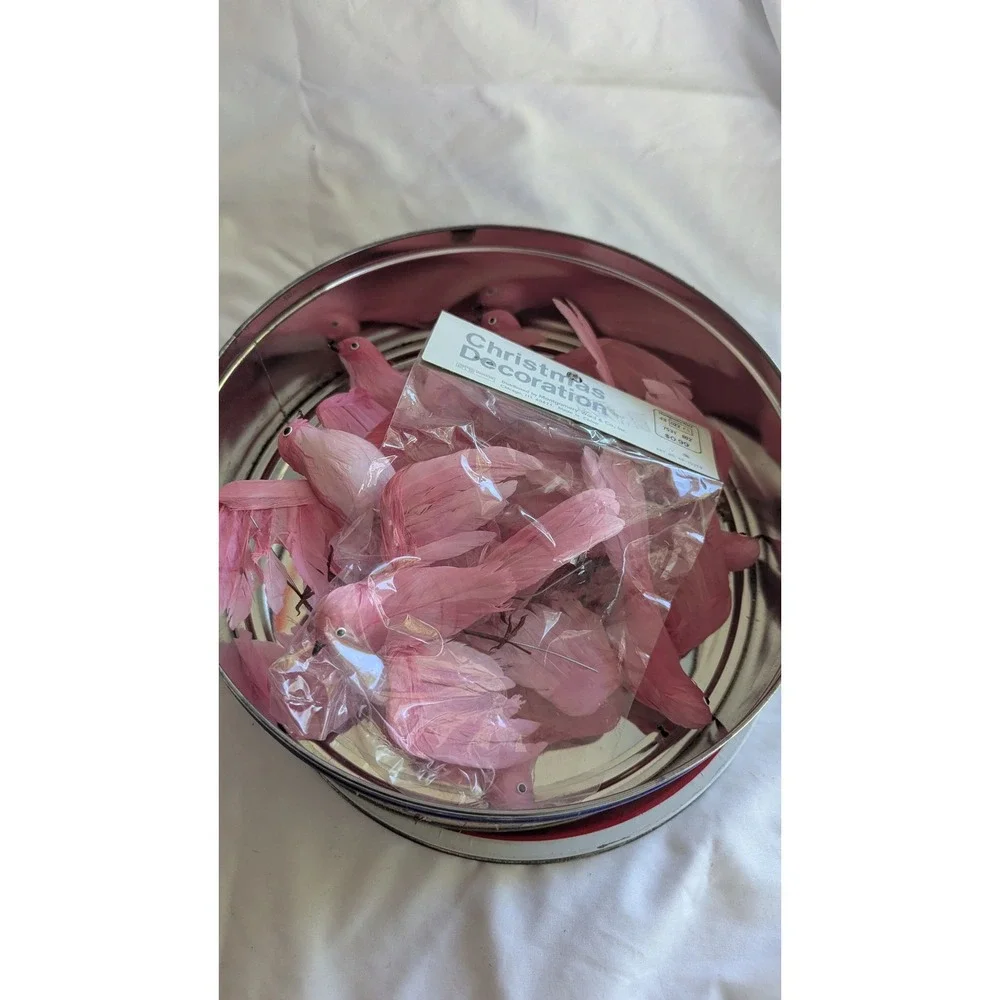 Vintage Montgomery Ward Pink Feather Bird Ornaments in Cookie Tin